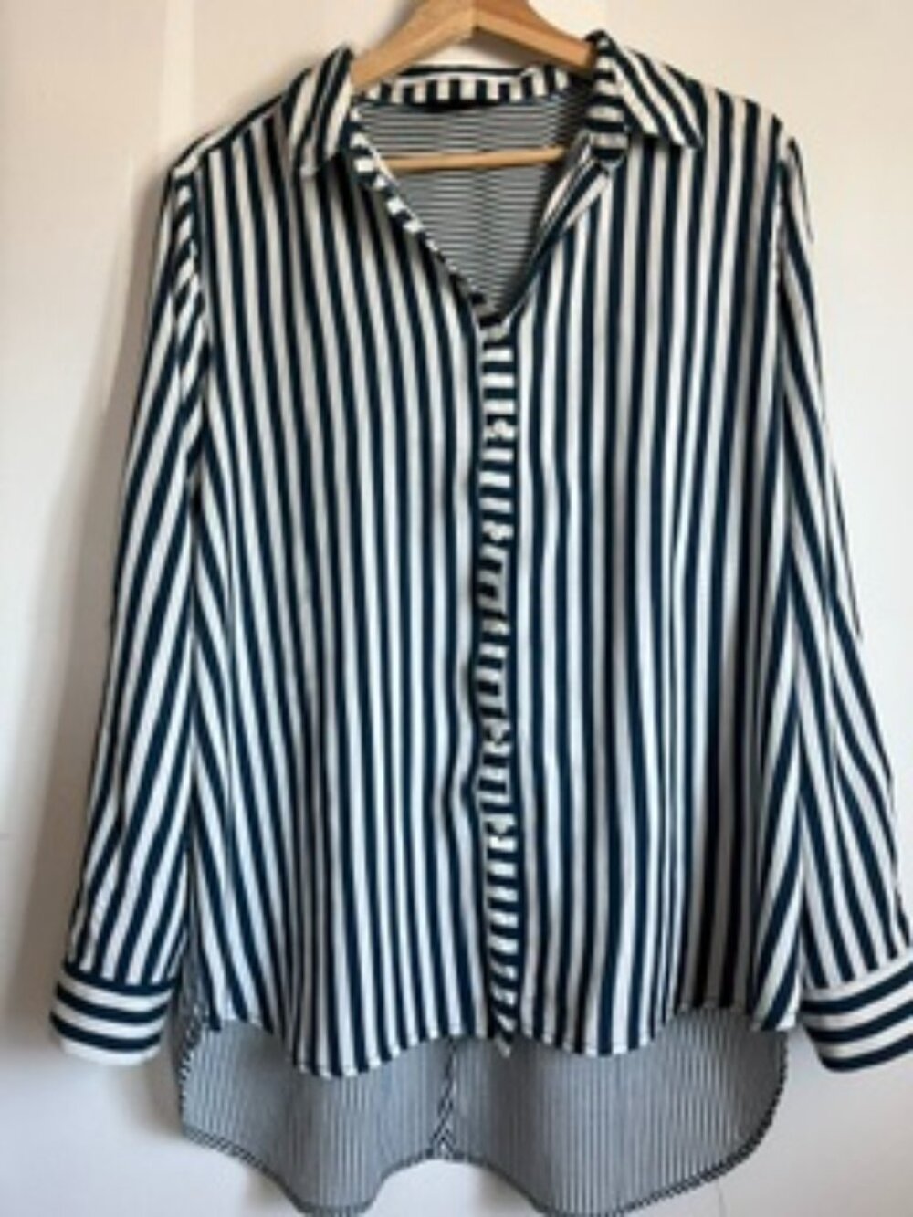🧡3/$15 Jane + Delancy Navy White Striped Long Sleeve Shirt Adjustable Sleeves L